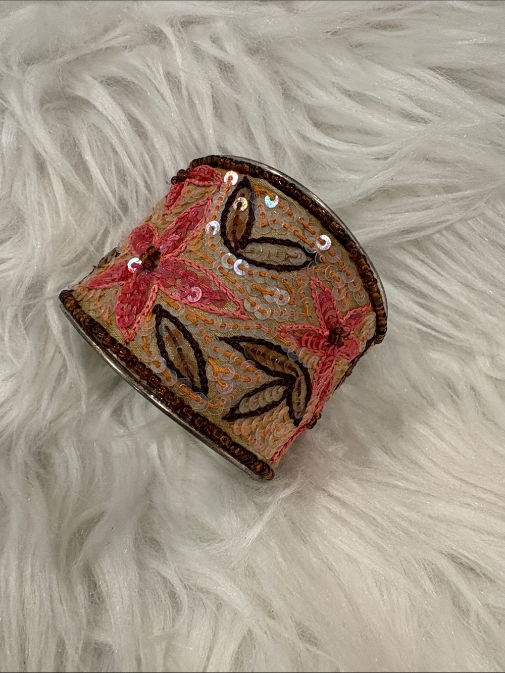 Embroidered & Sequin Pink Floral Cuff Bracelet